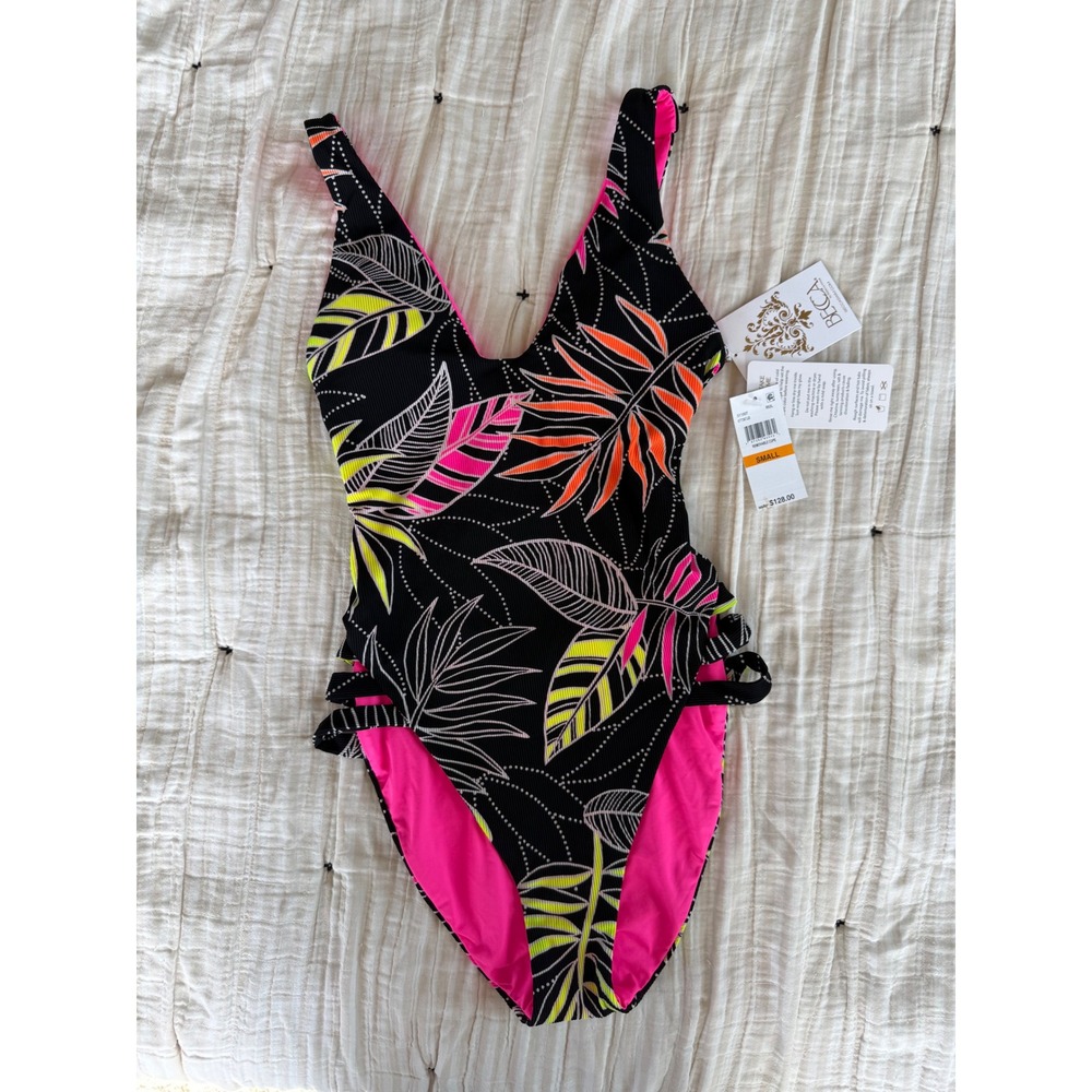 NWT Becca Ribbed One Piece Swimsuit Neon Tropical Print Cutout Side Small